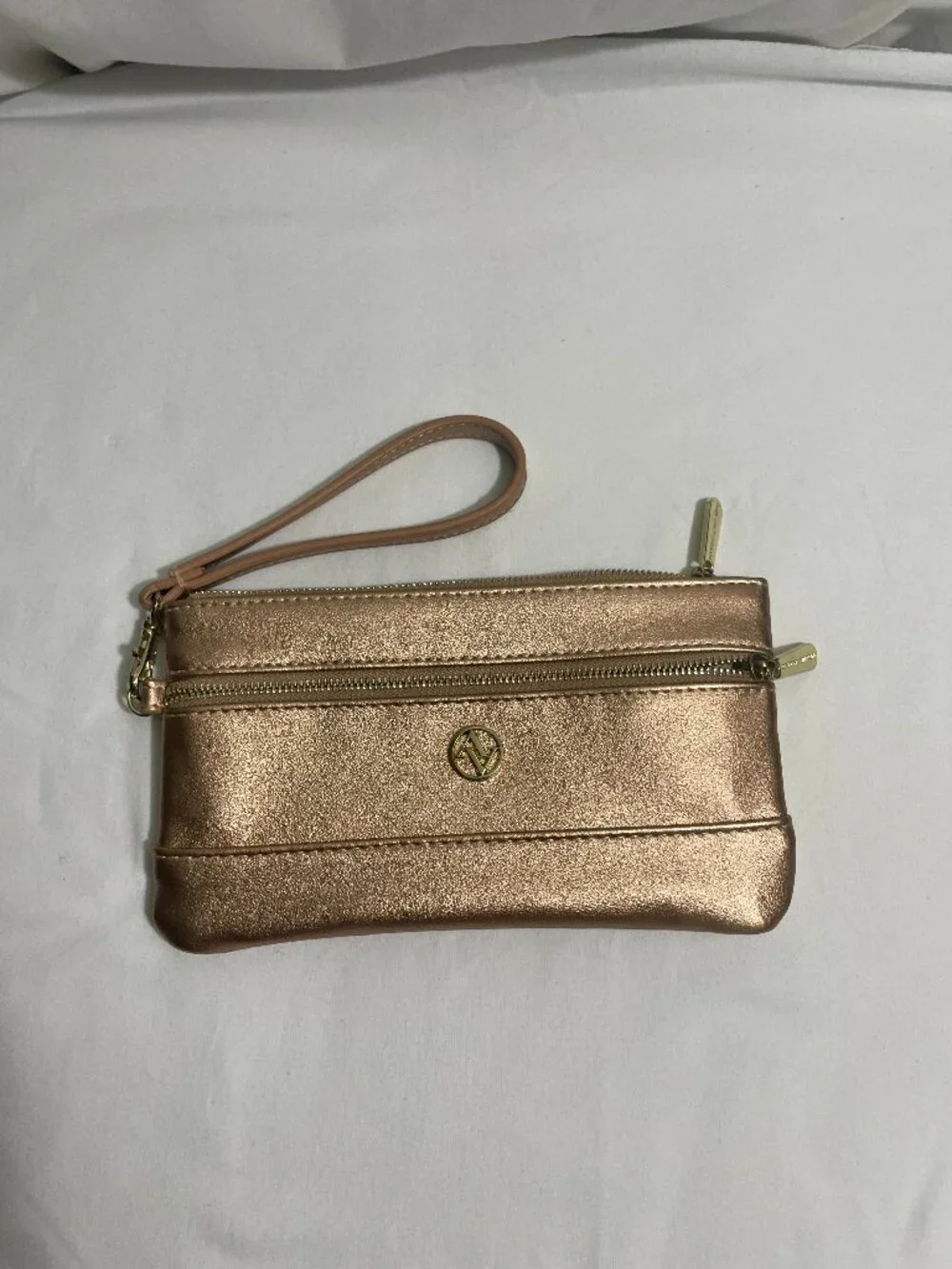Adrienne Vittadini Rose Gold Metallic Wristlet Wallet Clutch Double Zip Pouch